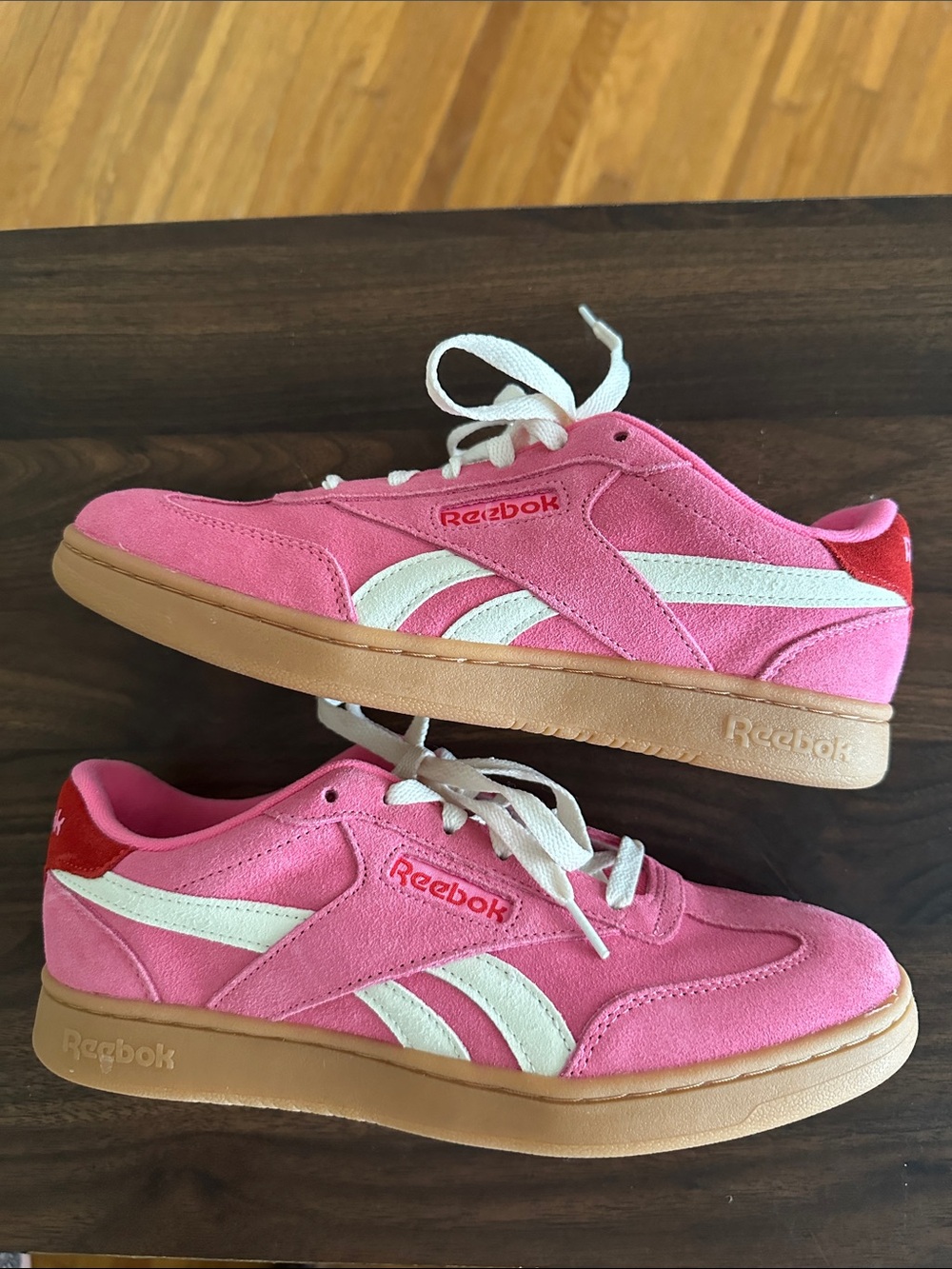 Reebok Kids Pink Suede Sneakers with White Stripes and Gum Sole